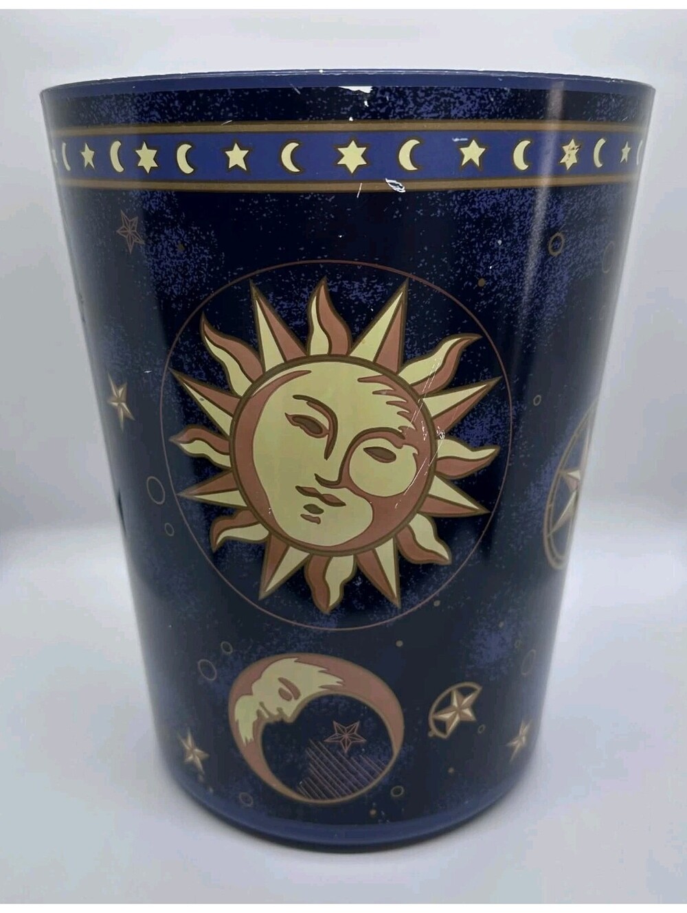 Celestial Sun Moon Stars Blue Wastebasket Trash Can Springs Global Made USA VGC